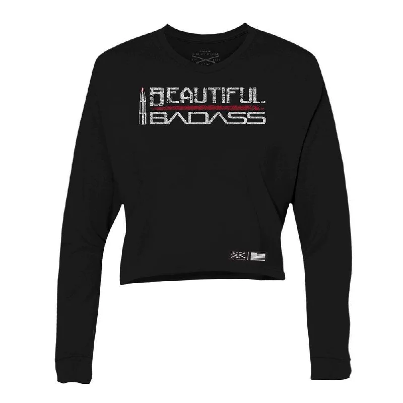 Women's Beautiful Badass Long Sleeve Cropped T-Shirt - Black