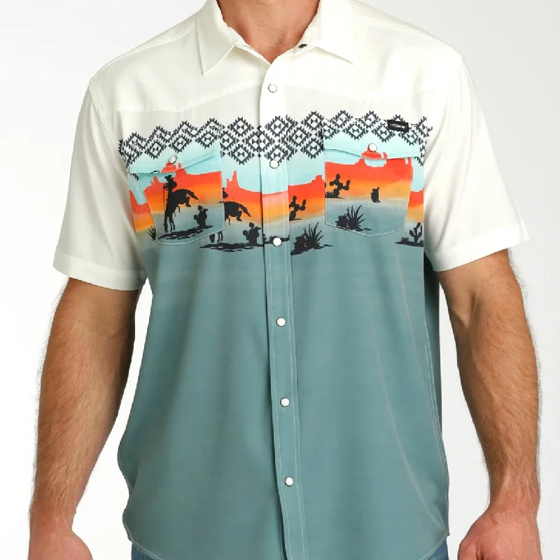 Cinch Men's Southwest Desert Rider Short Sleeve Camp Shirt in Blue & Cream