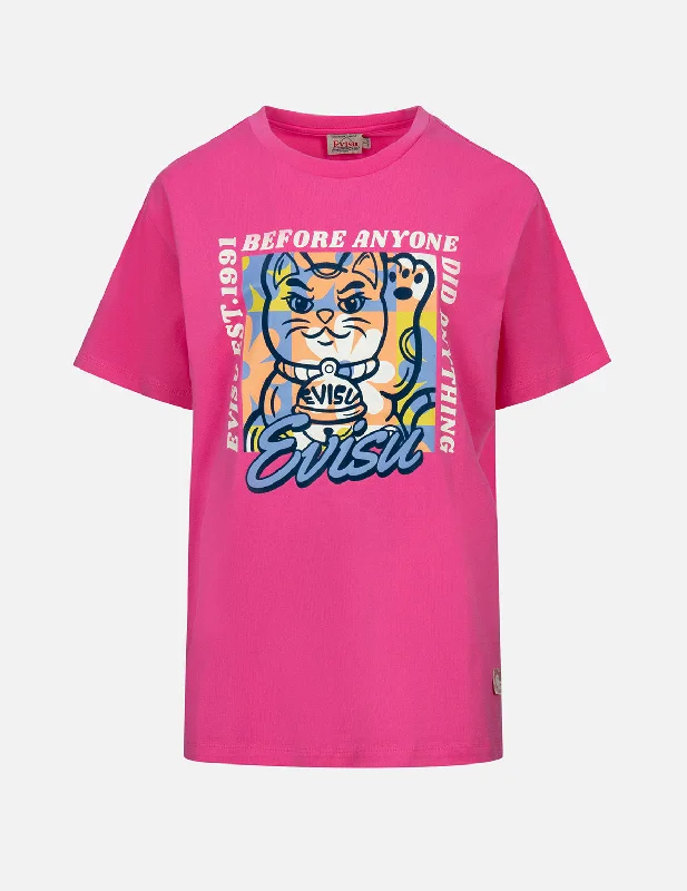 Fortune Cat Flocking with Slogan Print Boyfriend T-shirt