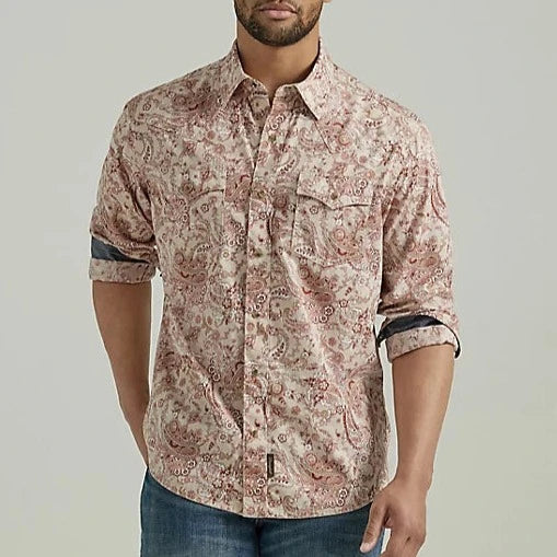 Wrangler Retro Men's Premium Western Snap Shirt in Peach Paisley