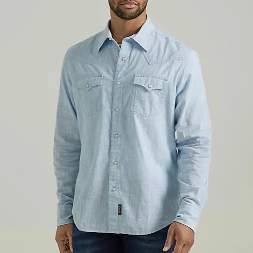 Wrangler Retro Men's Premium Western Snap Shirt in Solid Blue Weave