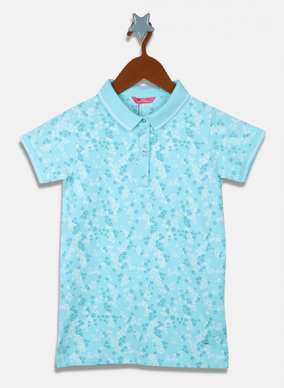 Girls Aqua Blue Printed T-Shirt