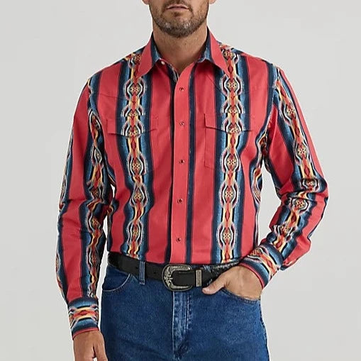 Wrangler Men's Checotah L/S Western Snap Shirt in Red Flame