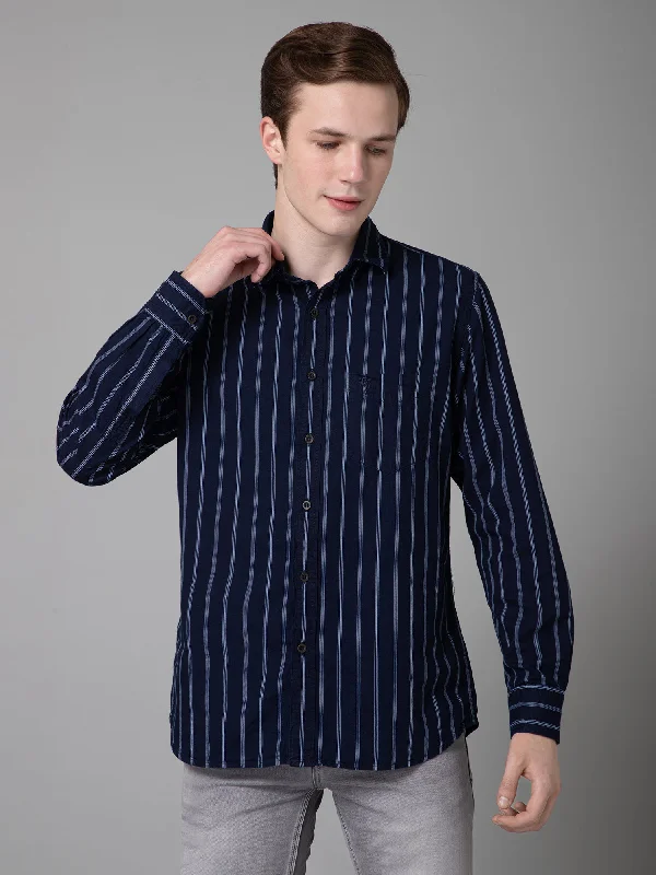 Men's Denim Blue Casual Narrow Stripe Full Sleeve Shirt