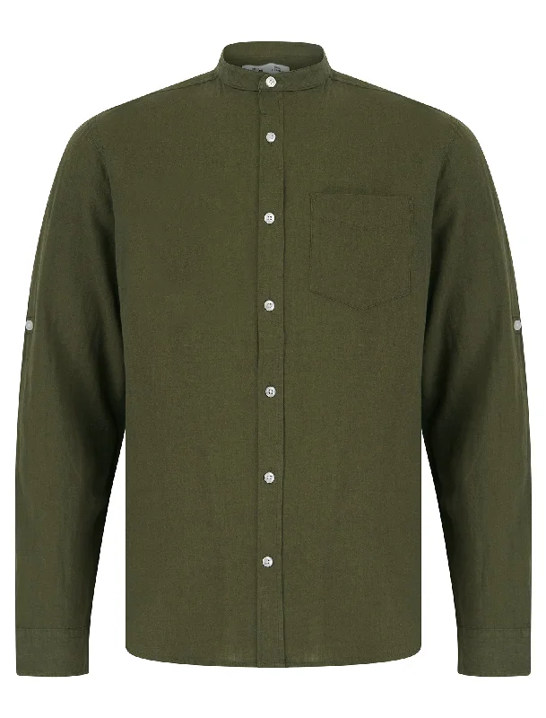 Gosier Grandad Collar Long Sleeve Cotton Linen Shirt in Ivy Green - Tokyo Laundry