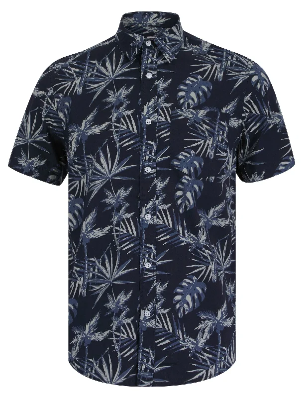 Fortuna Palm Leaf Print Short Sleeve Cotton Poplin Hawaiian Shirt in Sky Captain Navy - Tokyo Laundry