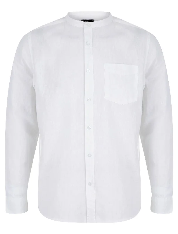 Gosier Grandad Collar Long Sleeve Cotton Linen Shirt in Bright White - Tokyo Laundry