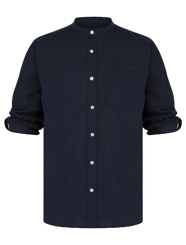 Gosier Grandad Collar Long Sleeve Cotton Linen Shirt in Sky Captain Navy - Tokyo Laundry