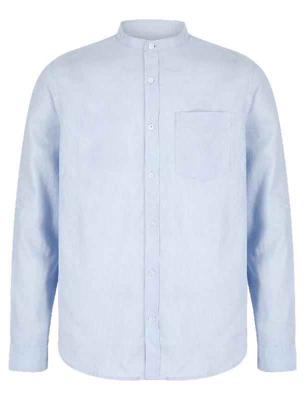 Gosier Grandad Collar Long Sleeve Cotton Linen Shirt in Soft Blue - Tokyo Laundry