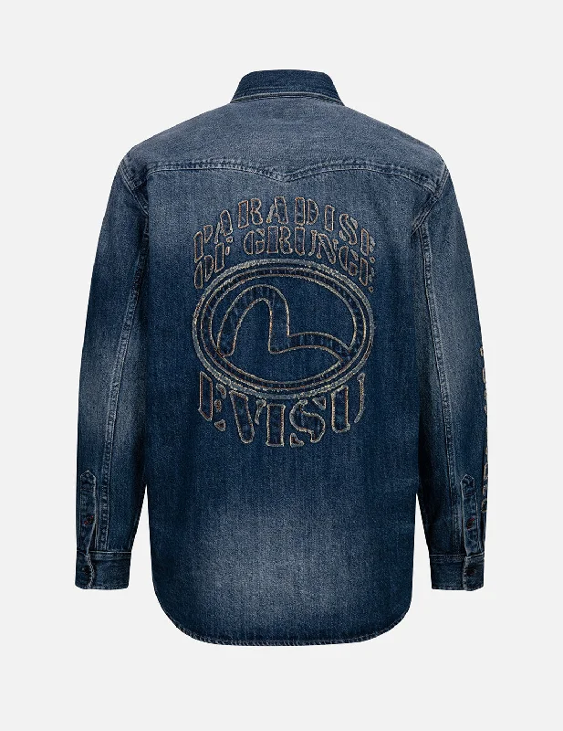 Grunge Style Logo and Seagull Appliqué Relax Fit Denim Shirt