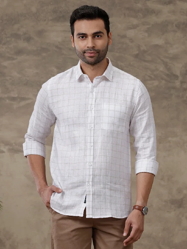 Men Pure Linen Checked Shirt White