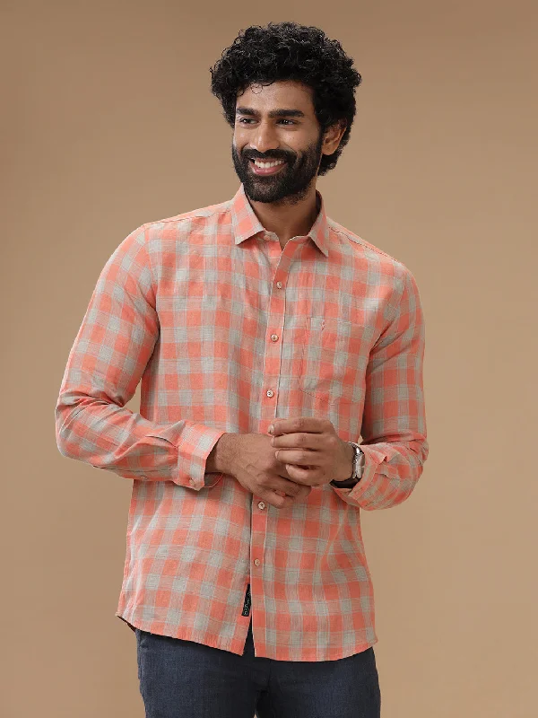 Men Pure Linen Orangy Green Checked Shirt_LS53