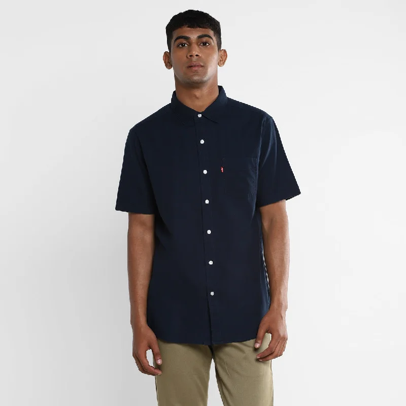 Men's Solid Spread Collar Shirt Blue