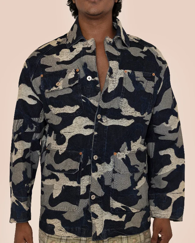 Valentino Distressed Camouflage Jacquard Denim Overshirt