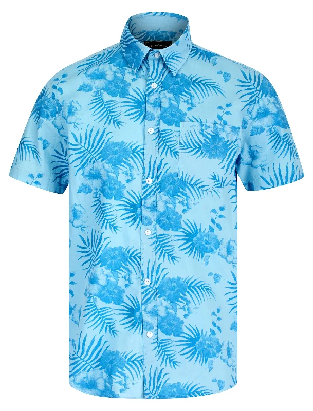 Yamuna Tropical Print Short Sleeve Shirt in Dream Blue Hibiscus - Tokyo Laundry