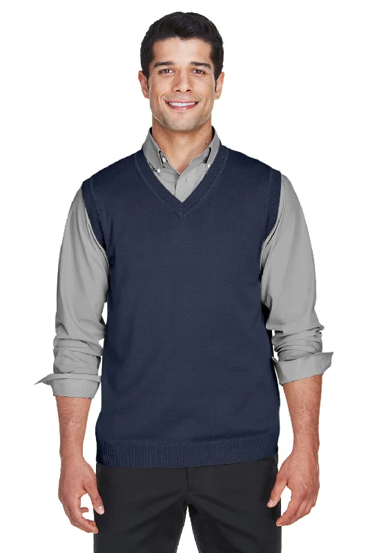 Devon & Jones Mens Wrinkle Resistant V-Neck Sweater Vest - Navy Blue - Closeout