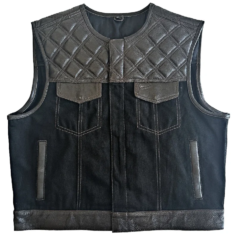 Legacy of Legends 'Cowboy' Black Twill Denim & Dark Chocolate Diamond Stitch Cropped Motorcycle Vest