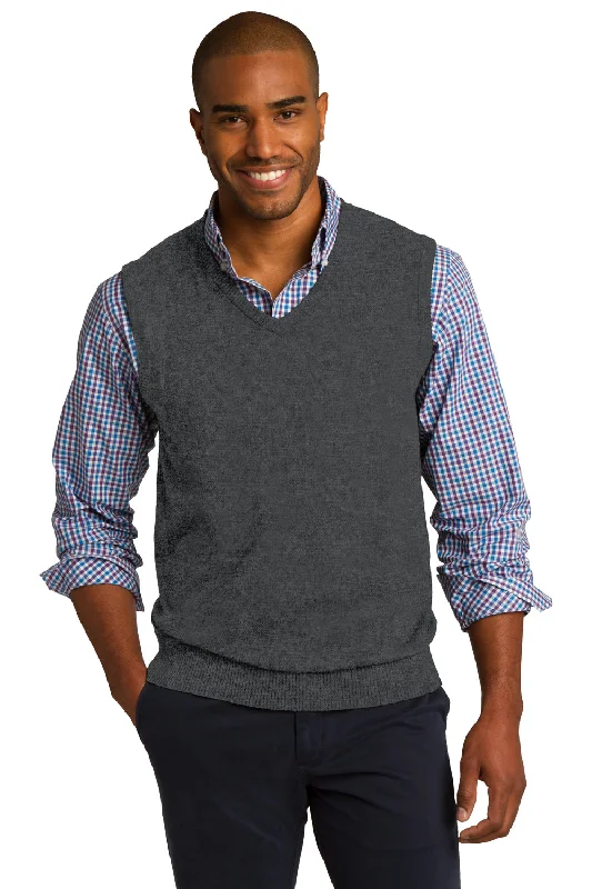 Port Authority Mens V-Neck Sweater Vest - Heather Charcoal Grey