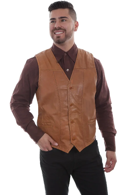 Scully Mens Saddle Tan Lambskin Pick Stitch Vest