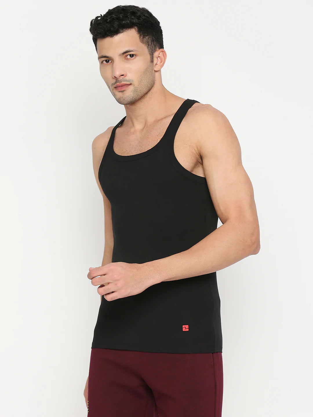 Men Premium Black Cotton Blend Vest - Underjeans By Spykar